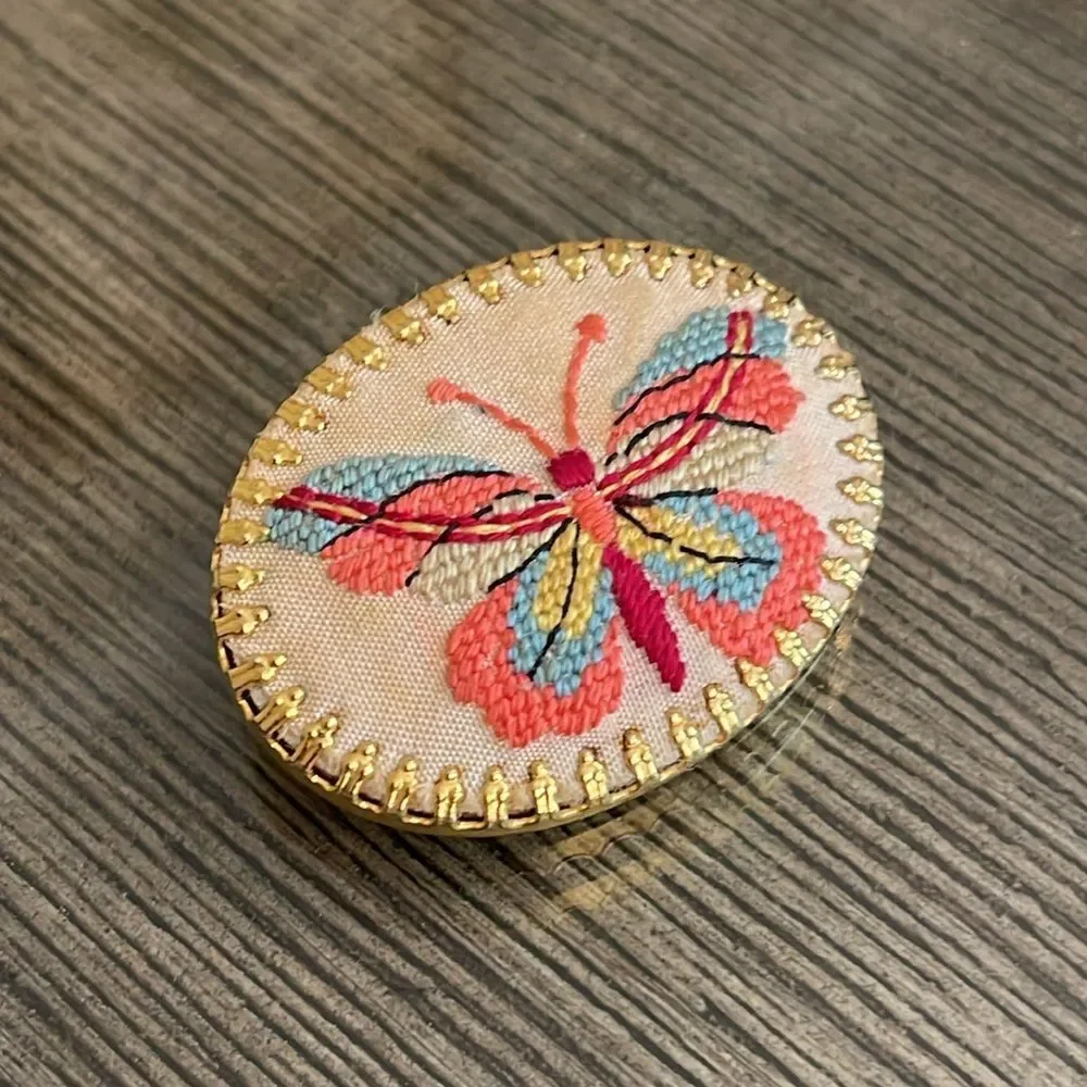Vintage Embroidered Needlepoint Butterfly Petit Point Brooch Pin